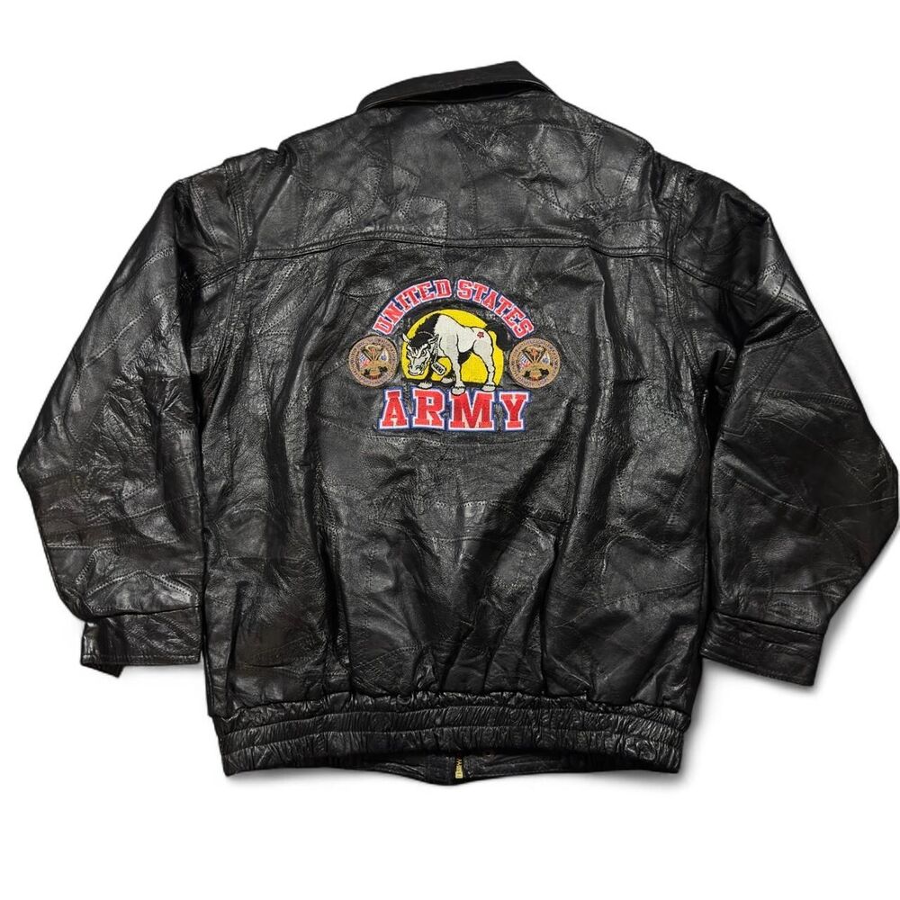 Vintage United States Army Leather Jacket Men's L Black Embroidered Bomber